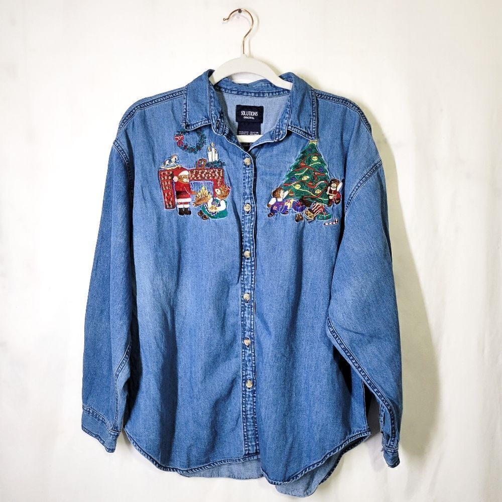Vintage Christmas Embroidered Applique Denim Button Up Shirt